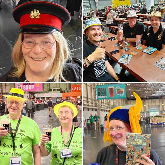 A selection of four photos of people with novelty hats.
