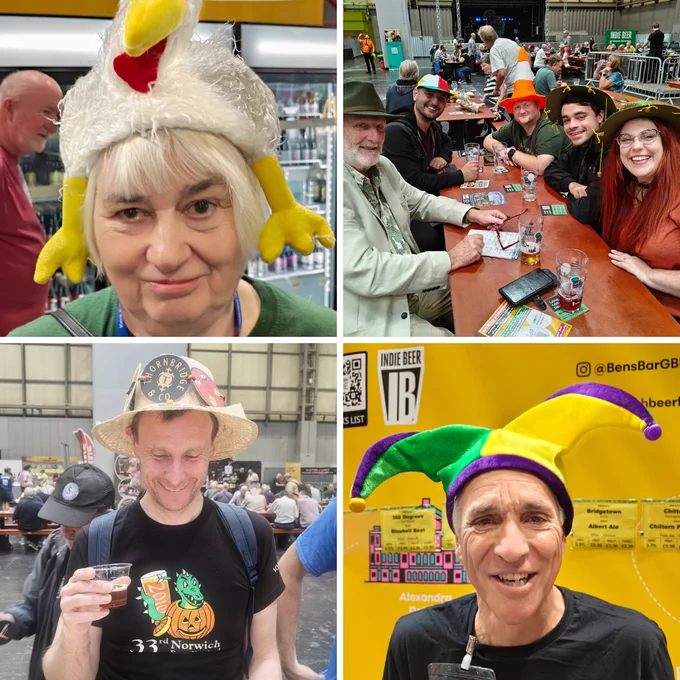 A selection of four photos of people with novelty hats.