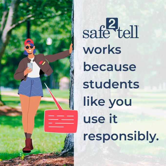 Person using a smartphone next to a tree in a park, with a text overlay saying "safe2tell works because students like you use it responsibly."