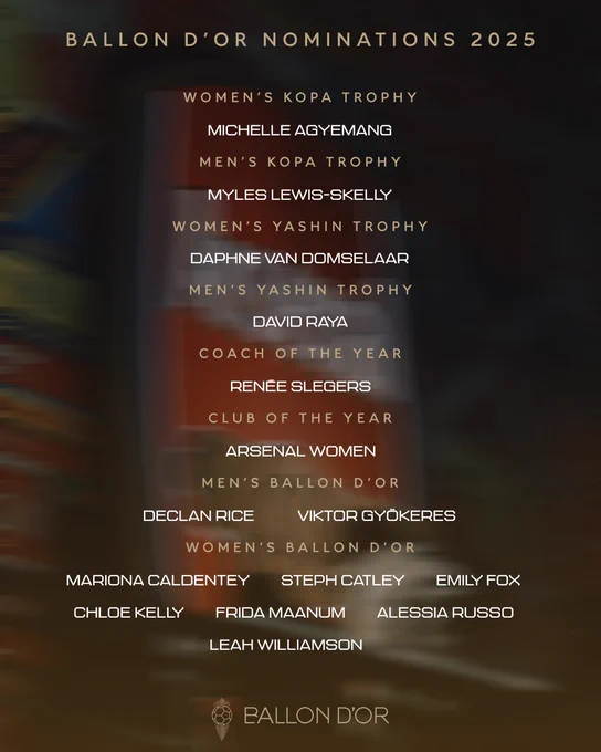 Women's Kopa Trophy: Michelle Agyemang; Men's Kopa Trophy: Myles Lewis-Skelly; Women's Yashin Trophy: Daphne van Domselaar; Men's Yashin Trophy: David Raya; Coach of the Year: Renee Slegers; Club of the Year: Arsenal Women; Men's Ballon d'Or: Declan Rice, Viktor Gyokeres; Women's Ballon d'Or: Mariona Caldentey, Steph Catley, Emily Fox, Chloe Kelly, Frida Maanum, Alessia Russo, Leah Williamson