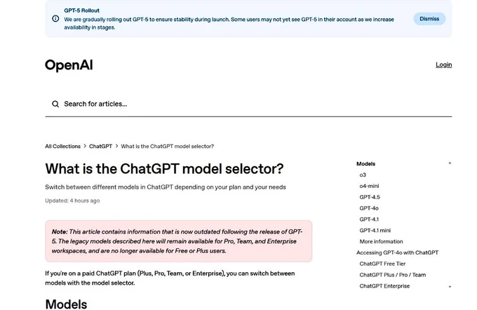 Screenshot of the OpenAI Help Center article titled "What is the ChatGPT model selector?" The article explains how users can switch between different models in ChatGPT based on their plan (Plus, Pro, Team, or Enterprise). A blue banner at the top announces the gradual rollout of GPT-5. On the right, a list of available models includes GPT-4o, GPT-4, GPT-3.5, and others.