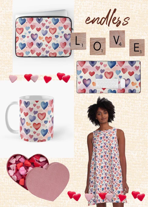 Collage of product mockups showing a seamless watercolor heart pattern on a laptop sleeve, desk mat, ceramic mug and sleeveless dress, arranged on a cream textured background with the handwritten word endless and wooden letter tiles spelling LOVE as well as scattered heart shaped candies.