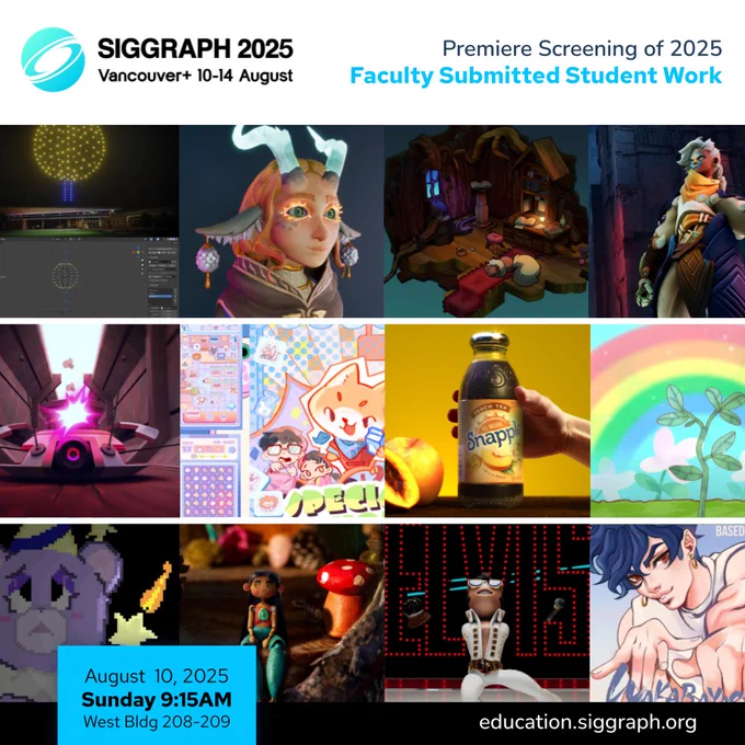 Graphic featuring a grid of artwork representing entries from the 2025 Faculty Submitted Student Work exhibit. Text on the graphic includes the day and time of the screening, "August 10, 2025 Sunday 9:15AM West Bldg 208-209"