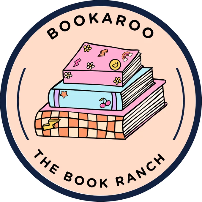 Photo of a round graphic that’s outlined in black with the text “bookaroo - the book ranch” and an image of 3 colourful books.