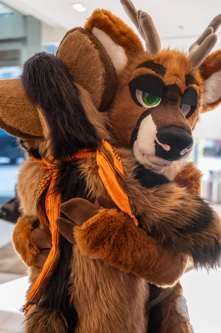hyena fursuiter hugs deer fursuiter