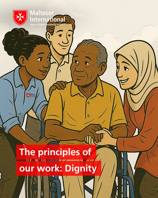A group of international people helping a man in a wheelchair.