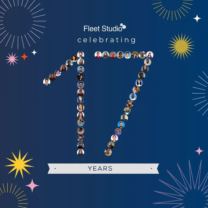 Against a dark blue background, the text "Fleet Studio Celebrating 17 Years" is displayed alongside celebratory crackers. The number 17 is depicted with the faces of the employees.