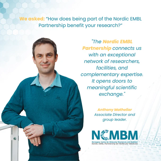 Picture of Aunthony Mathelier in a blue jumper and leaning on a banister. The picture is associated with a quote about the Nordic EMBL Partnership. The logo of NCMBM is also present and the background picture is faded and represent pipette tips and a 96-well pate in the bottom right corner and the beehive-like structure in the top left corner. 