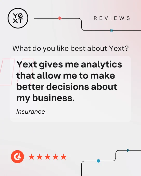 Screenshot of a feedback interface with a comment saying, "Yext gives me analytics that allow me to make better decisions about my business." The interface includes a Yext logo and a five-star review rating highlighted in red.