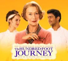 Promotional poster for "The Hundred-Foot Journey" featuring Helen Mirren and cast, with a warm yellow background.