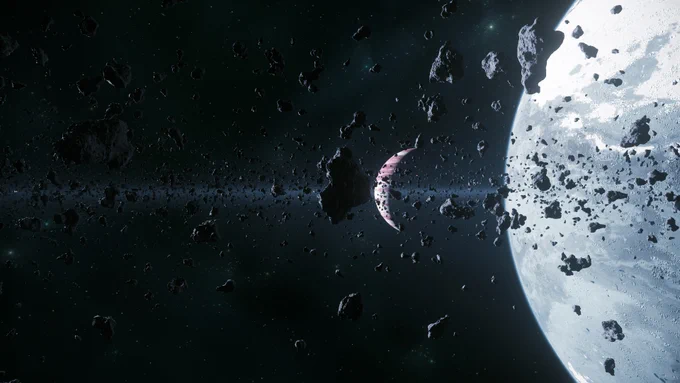 Viewing Crusader through the asteroids surrounding Yela.
