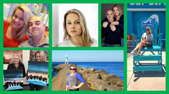 A collage of photos of Docugami Director of Sales Renee Barmada: (1) informal selfie of Renee and her husband; (2) Renee and her mother, holding paintings they've painted; (3) headshot of Renee; (4) studio photo of Renee and her husband; (5) Renee at a lighthouse in Michigan; (6) Renee in the big teal chair at Orange Beach, Alabama.