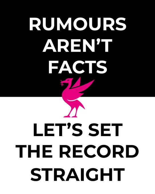Graphic poster with text "RUMOURS AREN'T FACTS" at the top and "LET'S SET THE RECORD STRAIGHT" at the bottom, featuring a pink liver bird in the centre.