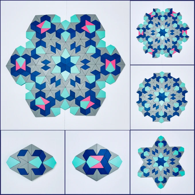 The main image in the upper left corner shows a radial design created with 21st Century Pattern Blocks. The design begins with six octagons arranged around a central star. Each octagon uses the same block arrangement in the first layer. Surrounding this, a second layer consists of 6 additional octagons, constructed using a different block arrangement. The first two images along the bottom show the two distinct octagons used in the design. The first octagon is made up of 3 teal kites, 6 blue rhombuses, and 13 gray darts. The second octagon is made up of 2 pink triangles, 3 teal kites, 8 gray darts, and 9 blue rhombuses. The three images on the right show the progression of the design.