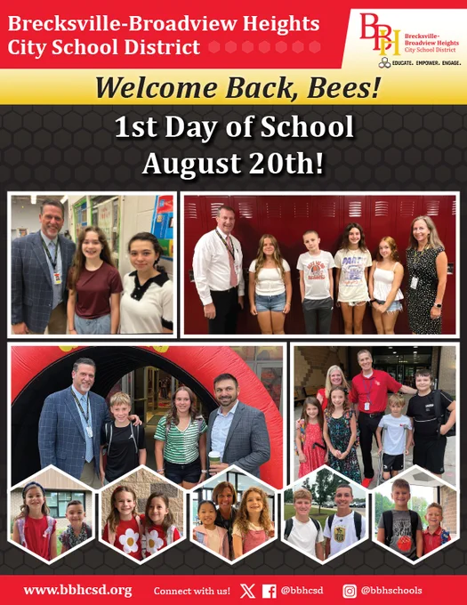 Brecksville-Broadview Heights City School District
Welcome Back, Bees! 
1st Day of School August 20th! 

Pictures of BBH students at each building along with teachers and staff