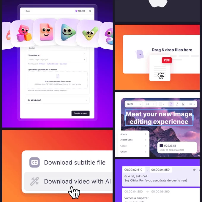Screenshot collage of Smartcat product interface showing translation project setup, drag-and-drop file upload, subtitle download with AI video, and caption editing. Bright purple and orange gradient backgrounds with playful character icons.