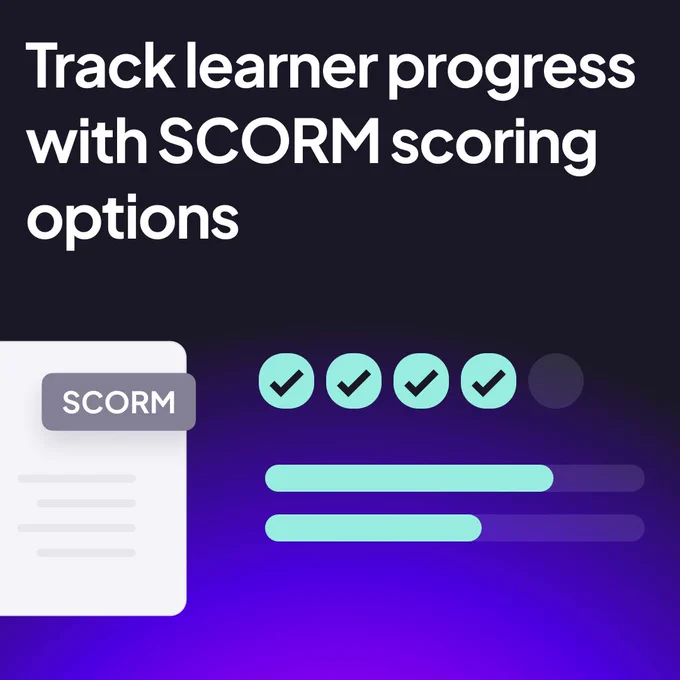 Illustration of a SCORM progress tracker with checkmarks and progress bars under the headline “Track learner progress with SCORM scoring options.” Background features a purple gradient.