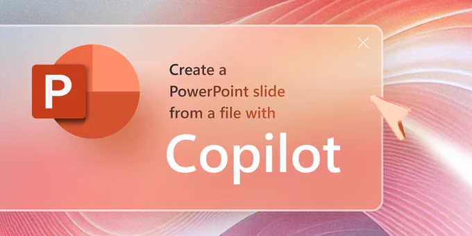 Promotional graphic for Microsoft PowerPoint's Copilot feature. A large orange circle with the PowerPoint logo appears on the left. Text reads “Create a PowerPoint slide from a file with Copilot,” with “Copilot” in bold white letters. A stylized cursor arrow points toward the text. The background has gradient shades of pink and orange with wave patterns.