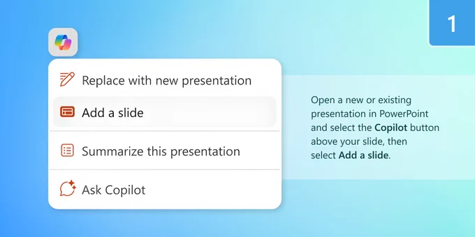 Screenshot of Microsoft PowerPoint Copilot interface showing four options: "Replace with new presentation," "Add a slide," "Summarize this presentation," and "Ask Copilot." Instruction on the right side reads: "Open a new or existing presentation in PowerPoint and select the Copilot button above your slide, then select Add a slide."