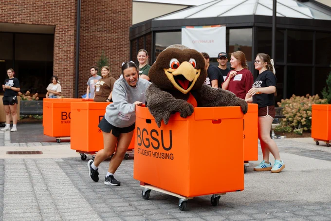 Move-in helper pushing Freddie Falcon in a box at Move-in