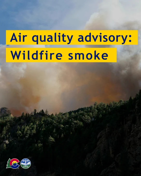 Air Quality advisory text on yellow background over image of wildfire smoke. Logos at bottom left.