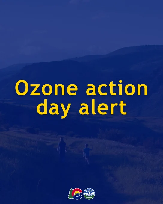 Ozone action day alert text on blue background over image of mountains and wildflowers. Logos at the bottom.