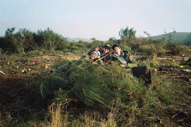 Three people pose in a pile of pulled weeds