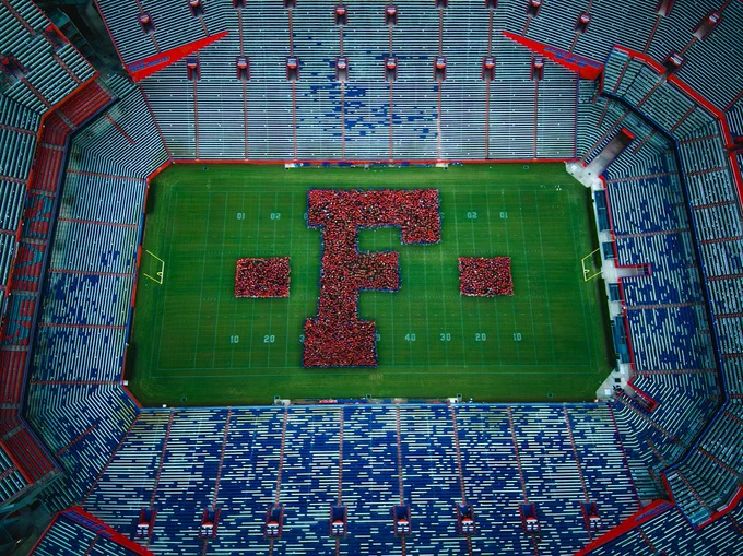 Overhead image of students creating “F” in The Swamp.