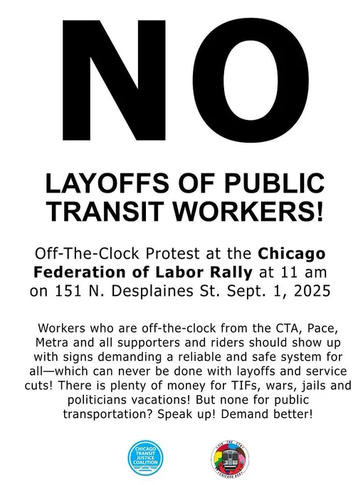 No layoff of cta pace and metra workers protest on 9/1