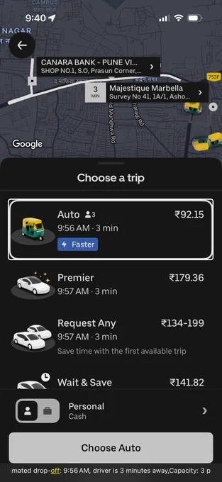 Uber charging 92 rupees for the same Auto ride as Rapido