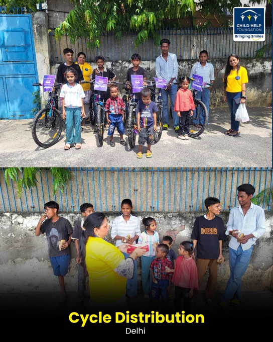 Children in Delhi happily riding bicycles received through Child Help Foundation’s cycle distribution drive, making their journey to school easier, faster, and joyful