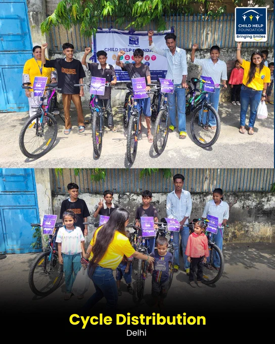 Children in Delhi happily riding bicycles received through Child Help Foundation’s cycle distribution drive, making their journey to school easier, faster, and joyful