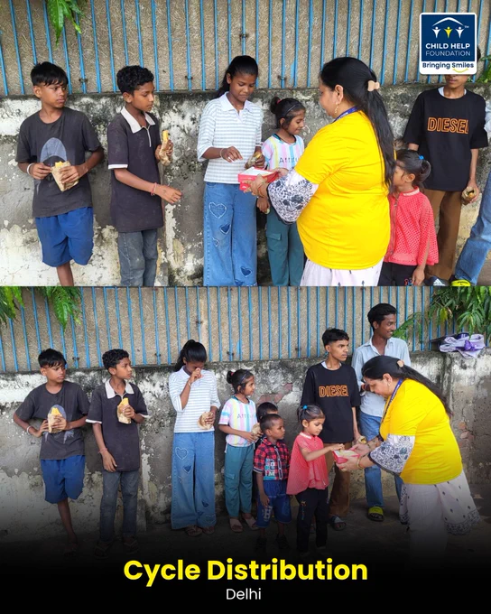 Children in Delhi happily riding bicycles received through Child Help Foundation’s cycle distribution drive, making their journey to school easier, faster, and joyful