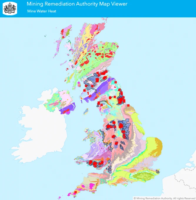 Map of Great Britain taken from the Mining Remediation Authority online viewer showing the mine water heat tab with various colours demonstrating the underlying geology