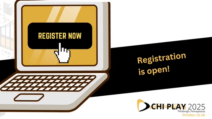 The image shows a digital illustration of a laptop on the left. It’s screen is yellow, with a black pop-up window stating “REGISTER NOW”, and a cursor clicking on it.
Next to the laptop, text reads “Registration is open!”.
The image features the logo of CHIPLAY 2025 in the down right corner.

