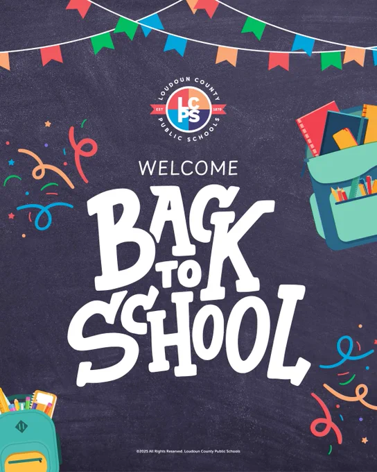 Welcome Back to School. Illustrations of banners, confetti and backpacks filled with school supplies.