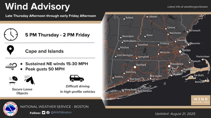 Map of southern New England highlighting Cape Cod, Martha’s Vineyard, and Nantucket under a Wind Advisory. Advisory runs from 5 PM Thursday to 2 PM Friday with sustained northeast winds 15–30 mph and gusts up to 50 mph.