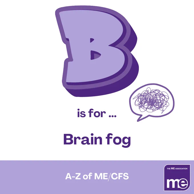 IMAGE DESCRIPTION: A cartoon-style B followed by 'is for brain fog' with a speech bubble filled with a tangled mess. MEA logo bottom right.