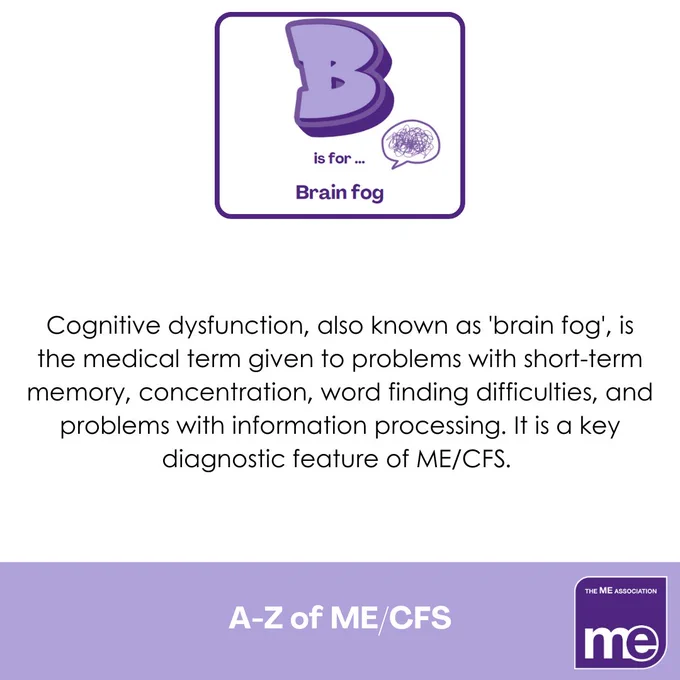 IMAGE DESCRIPTION: Small version of previous image. 
Wording reads: Cognitive dysfunction, also known as 'brain fog', is the medical term given to problems with short-term memory, concentration, word finding difficulties, and problems with information processing. It is a key diagnostic feature of ME/CFS. 