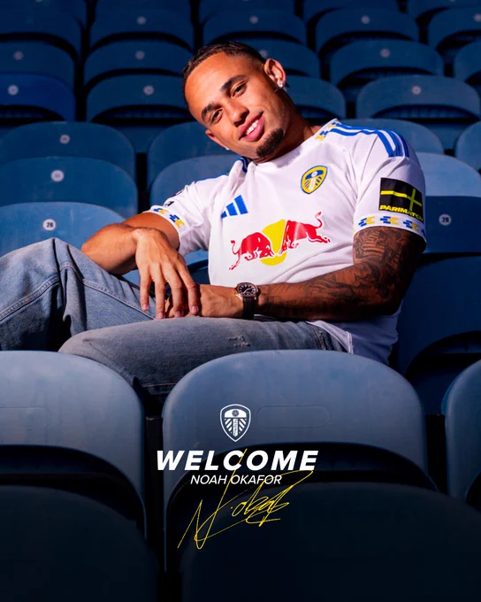 Picture of Noah Okafor sat in Elland Road's East Stand, with the text 'Welcome Noah Okafor' underneath with his signature