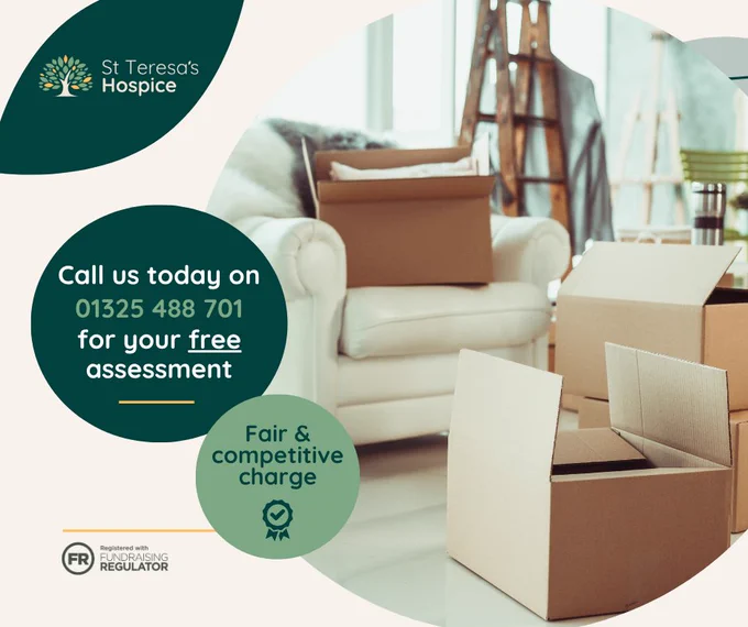 Graphic which reads 'call us today on 01325 488 701 for your free assessment' with a photo of furniture among cardboard boxes.