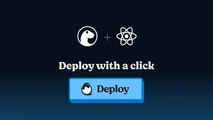 The Deno and React logos over a big blue "Deploy" button and the words: "Deploy with a click"