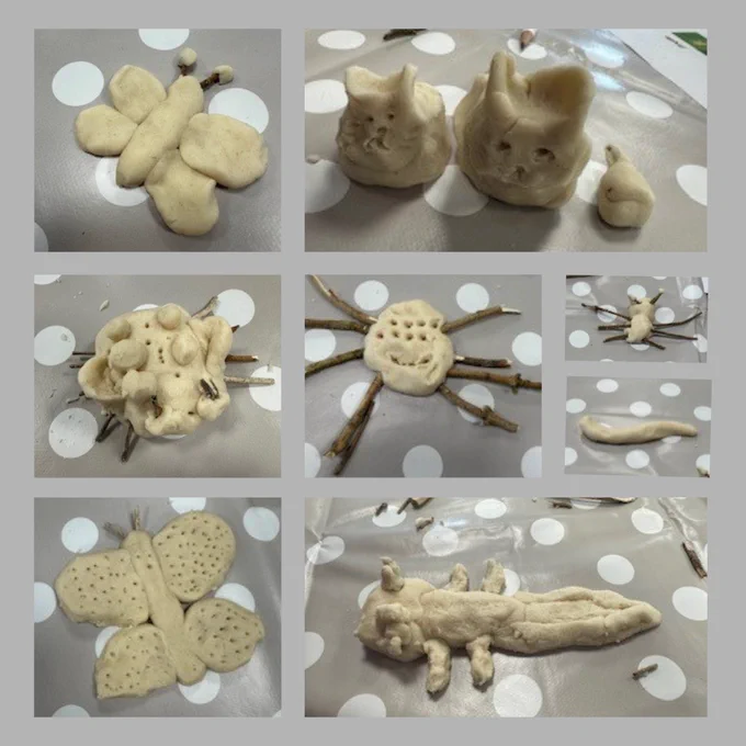 Collage of photos of the salt-dough minibeasts crafts on a grey background. 