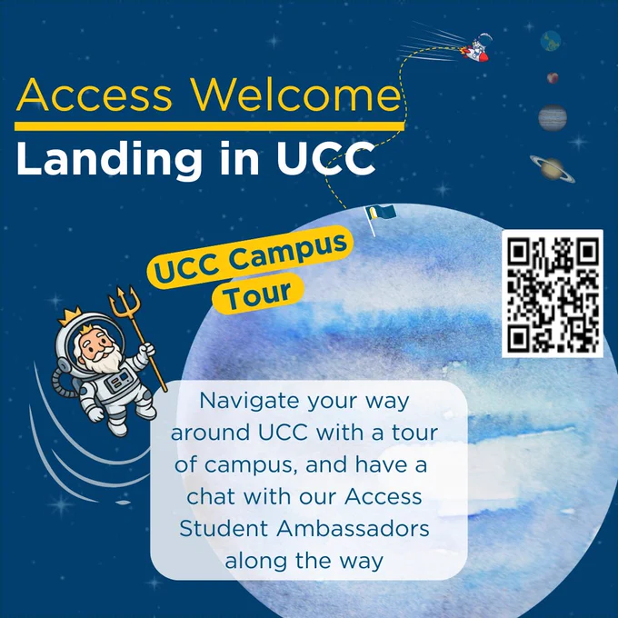 Graphic of space and neptune with Access flag in it. A cartoon spaceman flies a rocket ship towards earth, and a cartoon astronaut of neptune floats in space. Text on graphic reads: Take part in a tour around UCC. Navigate your way around UCC with a tour of campus, and have a chat with out Access Student Ambassadors along the way. 