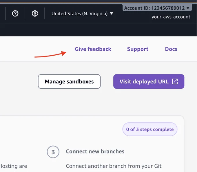 screenshot of the Amplify Hosting console with an arrow pointing to the Give feedback button 