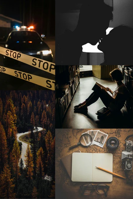 A mood board with the follow ing images on it: a police car and tape, two people kissing, a girl reading a book, a river winding through the woods in autumn, and a notebook resting on a map surrounded by polaroids, a camera lens, a pencil, and a magnifying glass.