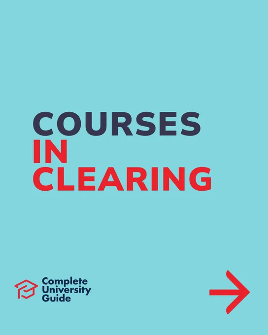 Promotional graphic for Complete University Guide featuring the text 'Courses in Clearing' on a blue background with an arrow pointing right.