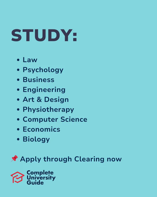 List titled 'STUDY' displaying various academic fields: Law, Psychology, Engineering, Art & Design, Physiotherapy, Computer Science, and Biology. At the bottom, a logo of Complete University Guide is shown.