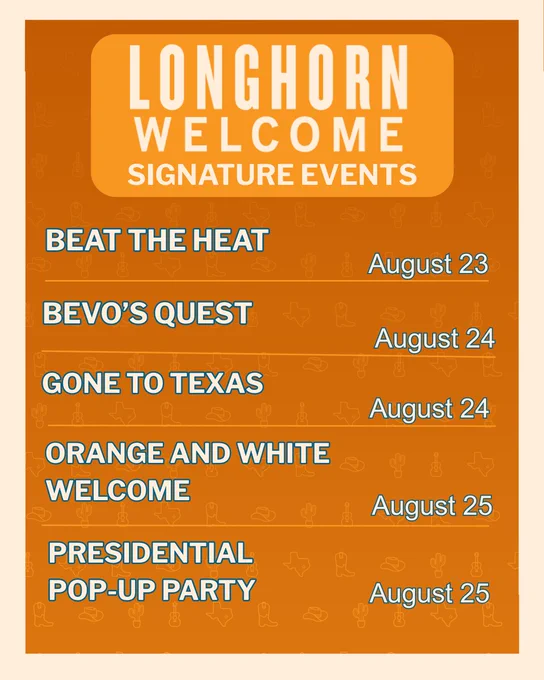 Longhorn Welcome Signature Events- various events from August 23 to 30 open to all students