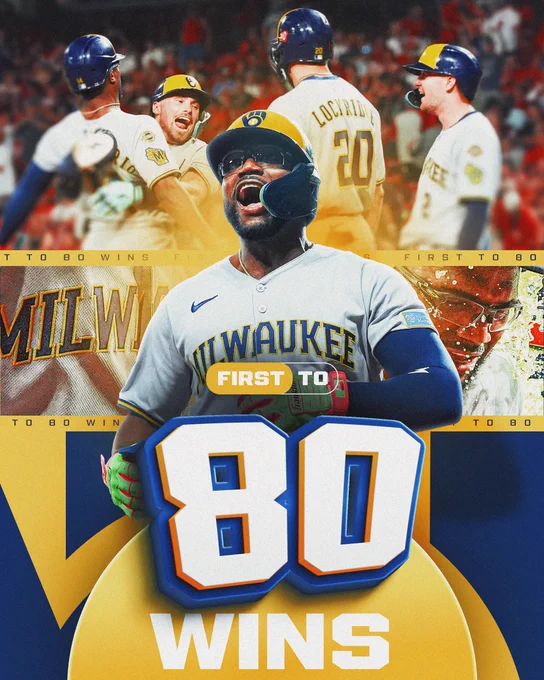 First to 80 wins
Milwaukee Brewers
Pictured: Andruw Monasterio yells in celebration. In the background are two additional photos. In one, he gets a Gatorade shower. In the other, several Brewers celebrate on the field.